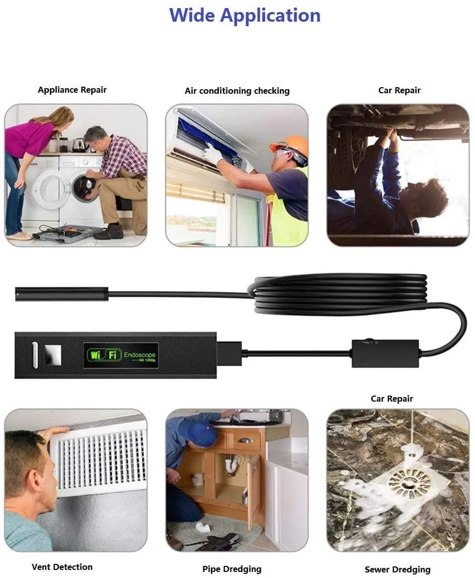 F150 WiFi Endoscope Camera 8mm 5m Hard cable Mini Camera HD1200P Waterproof Wifi Inspection Borescope for Android Iphone PC