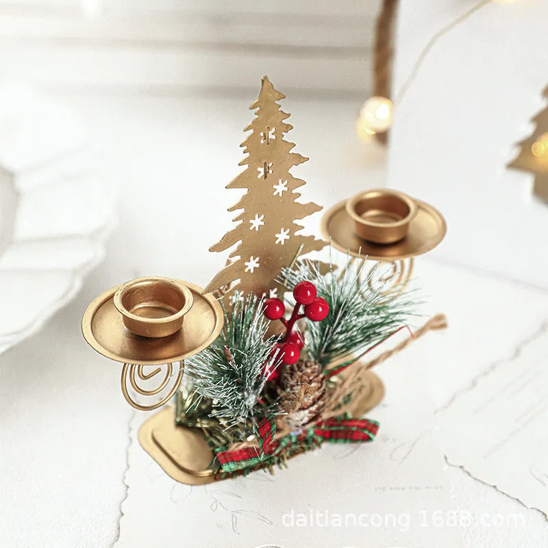 Golden Iron Double Candlestick - Christmas Window & Desktop Ornament