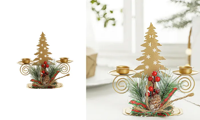 Golden Iron Double Candlestick - Christmas Window & Desktop Ornament