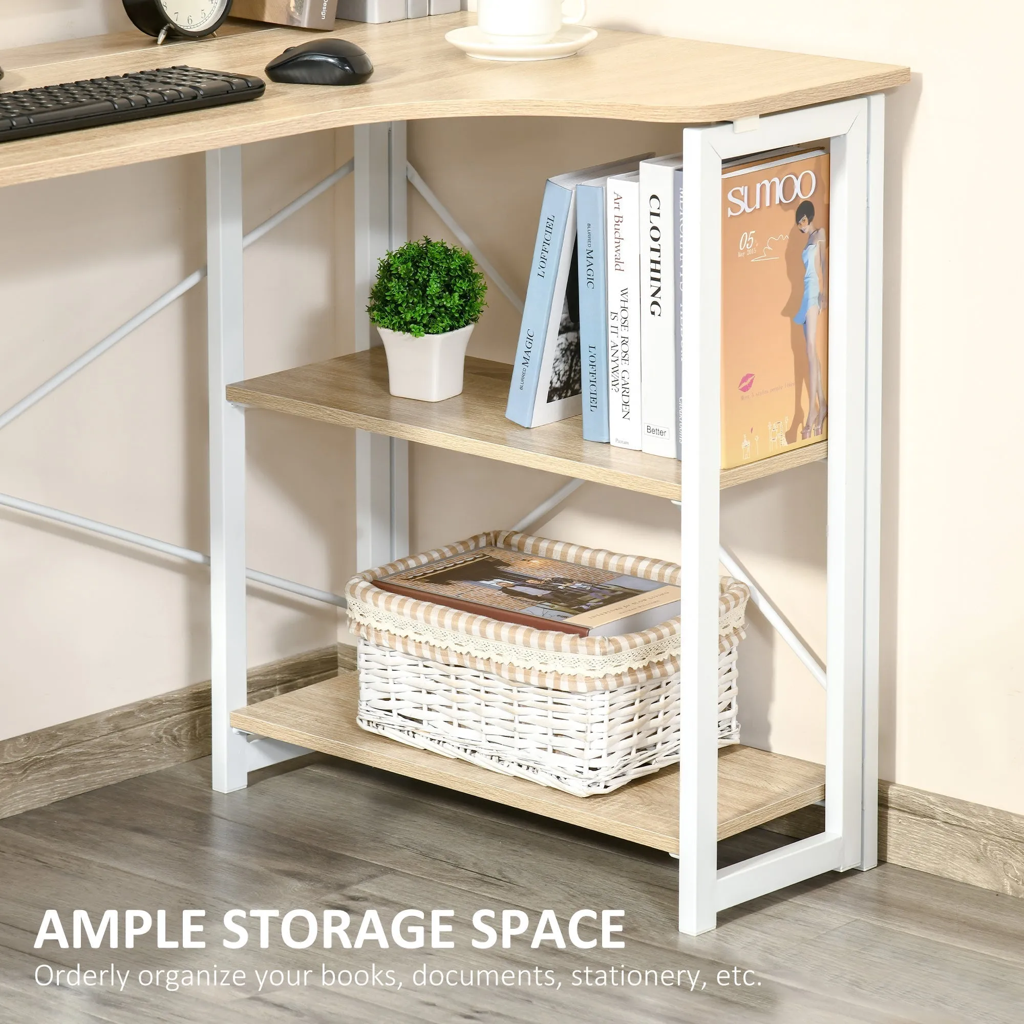 Homcom L-Shaped Desk Corner Computer Desk Folding Home Office Desk Study Table With 2 Shelves Oak Tone