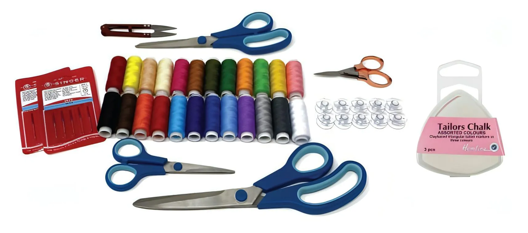 Sewing Bee Ultimate Bundle with 50  pieces - Thread Set, Scissor set, Needle Pack, Bobbin Pack, Rose gold scissors, Thread cutter, Tailors chalk set