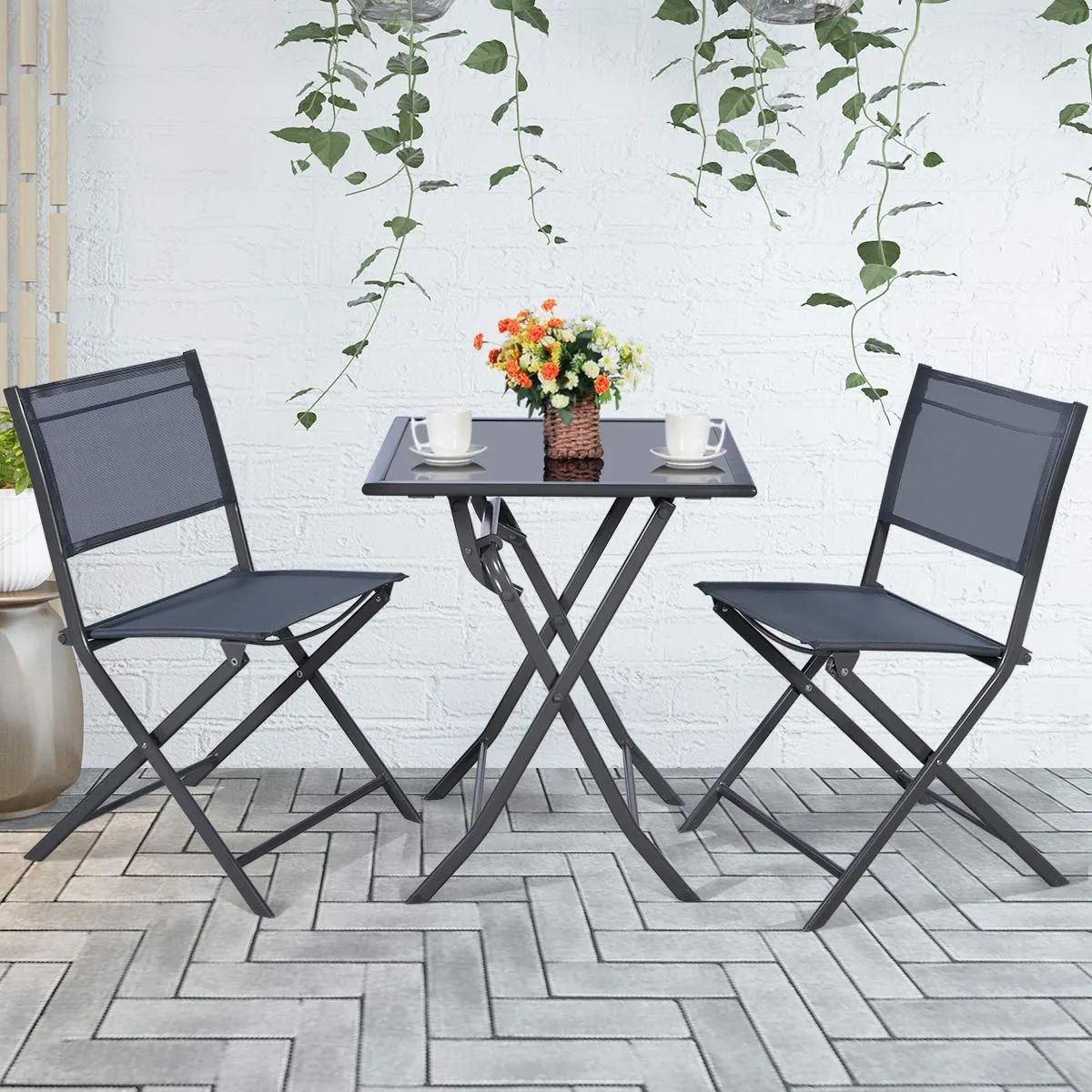 Tangkula 3 Pieces Folding Patio Bistro Set, Outdoor Furniture Set for Garden Porch Backyard Poolside
