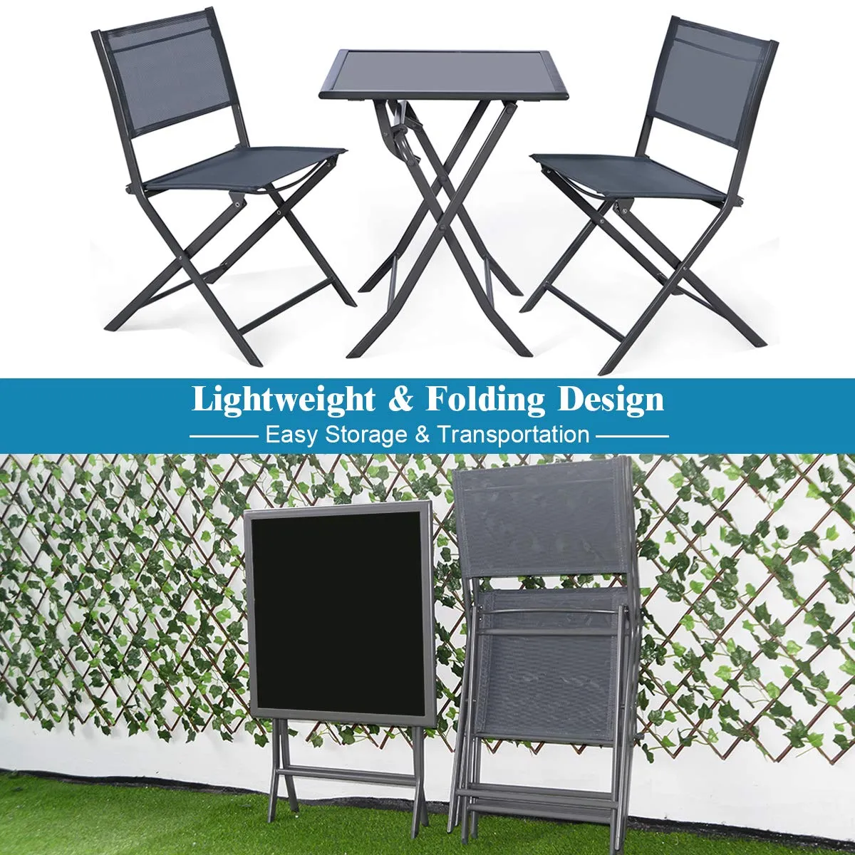 Tangkula 3 Pieces Folding Patio Bistro Set, Outdoor Furniture Set for Garden Porch Backyard Poolside