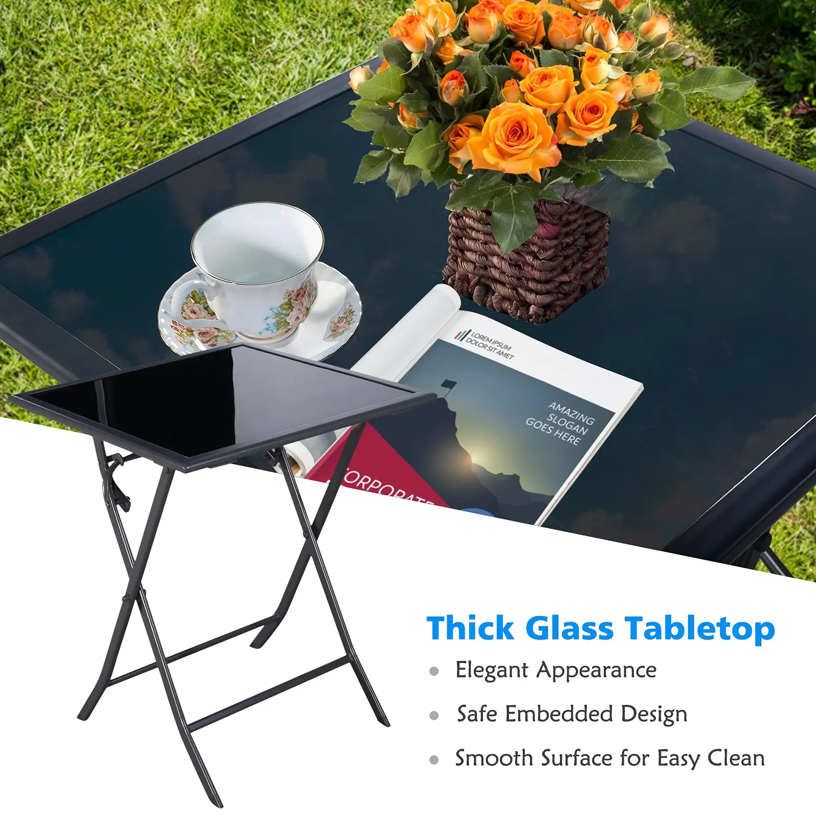 Tangkula 3 Pieces Folding Patio Bistro Set, Outdoor Furniture Set for Garden Porch Backyard Poolside