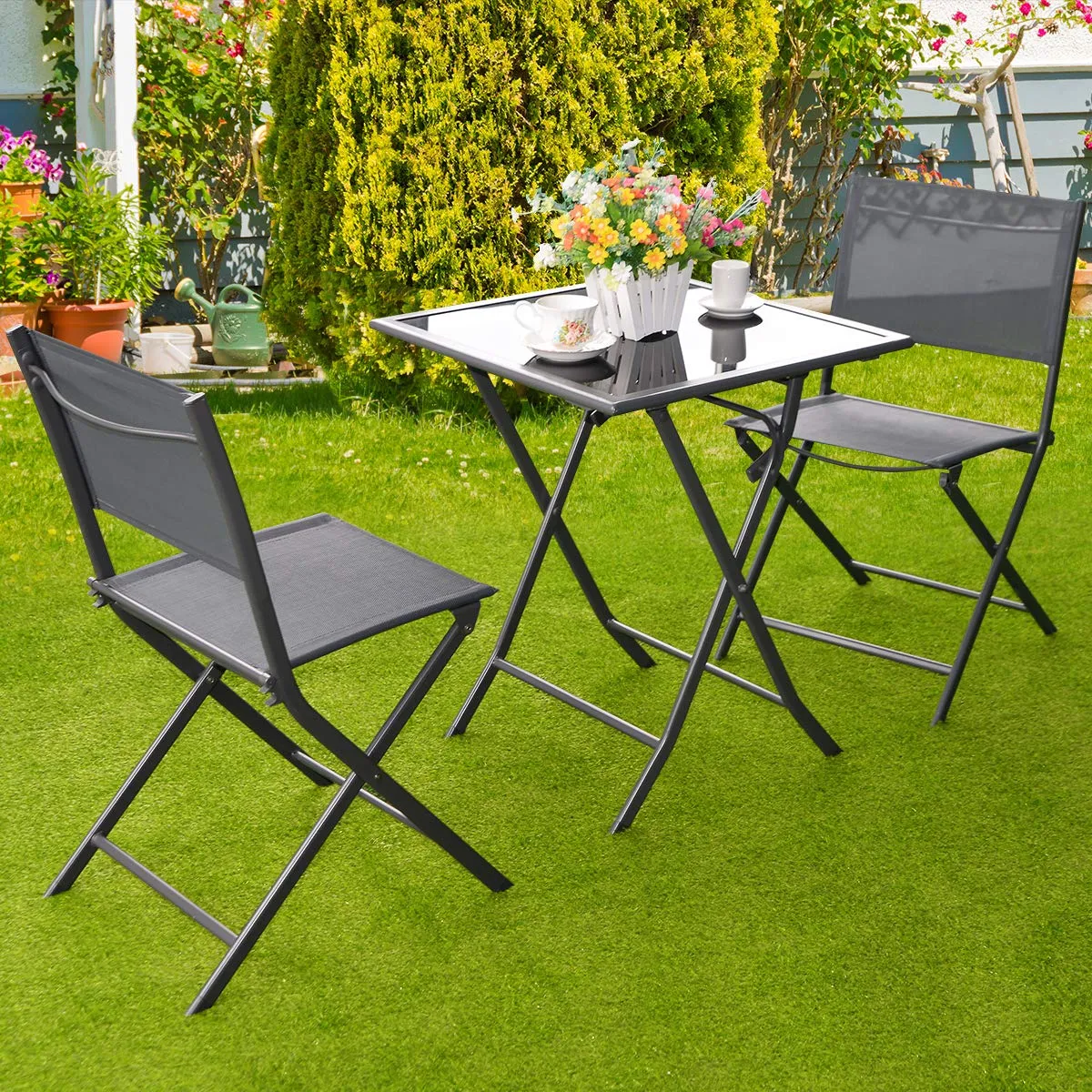Tangkula 3 Pieces Folding Patio Bistro Set, Outdoor Furniture Set for Garden Porch Backyard Poolside